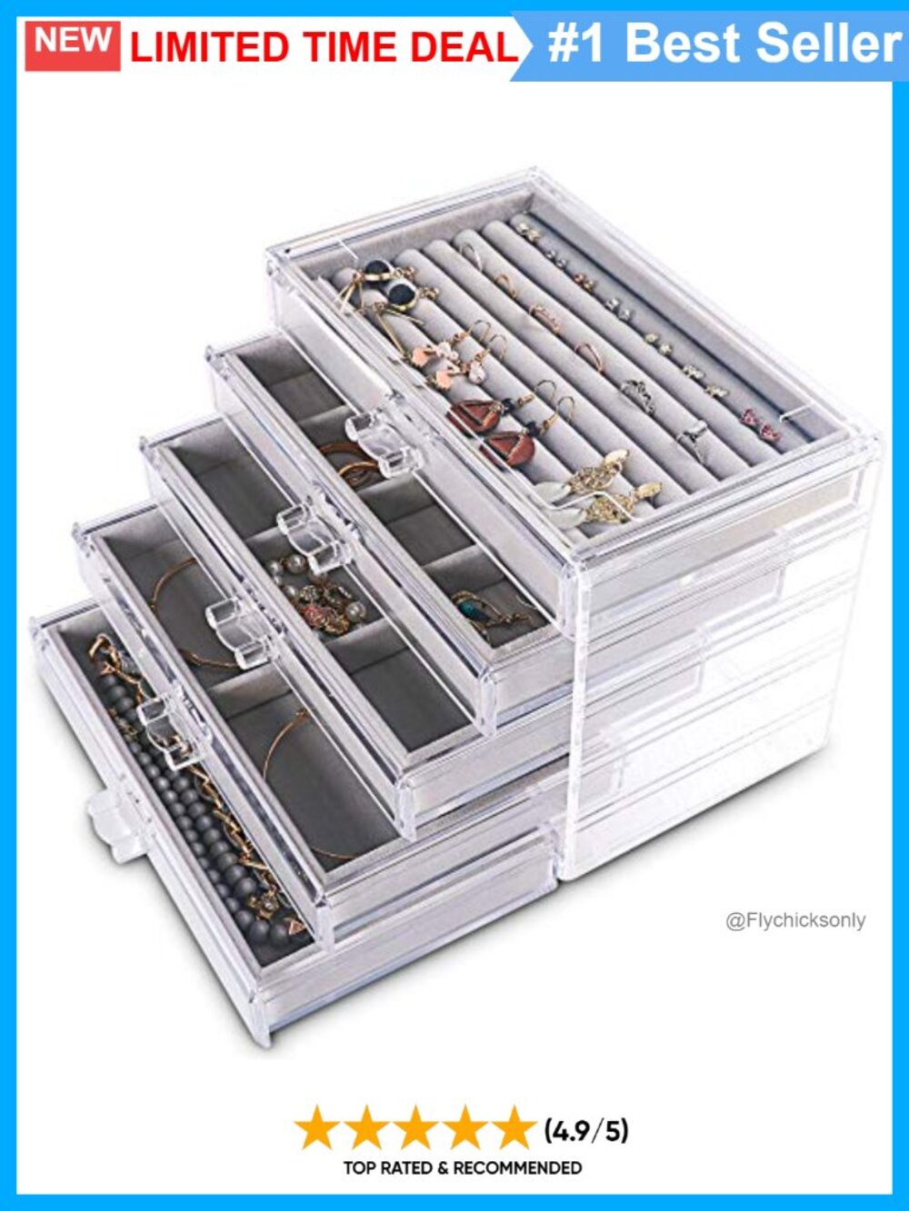 5-Layer Acrylic Jewelry Box Organizer with Velvet Drawers